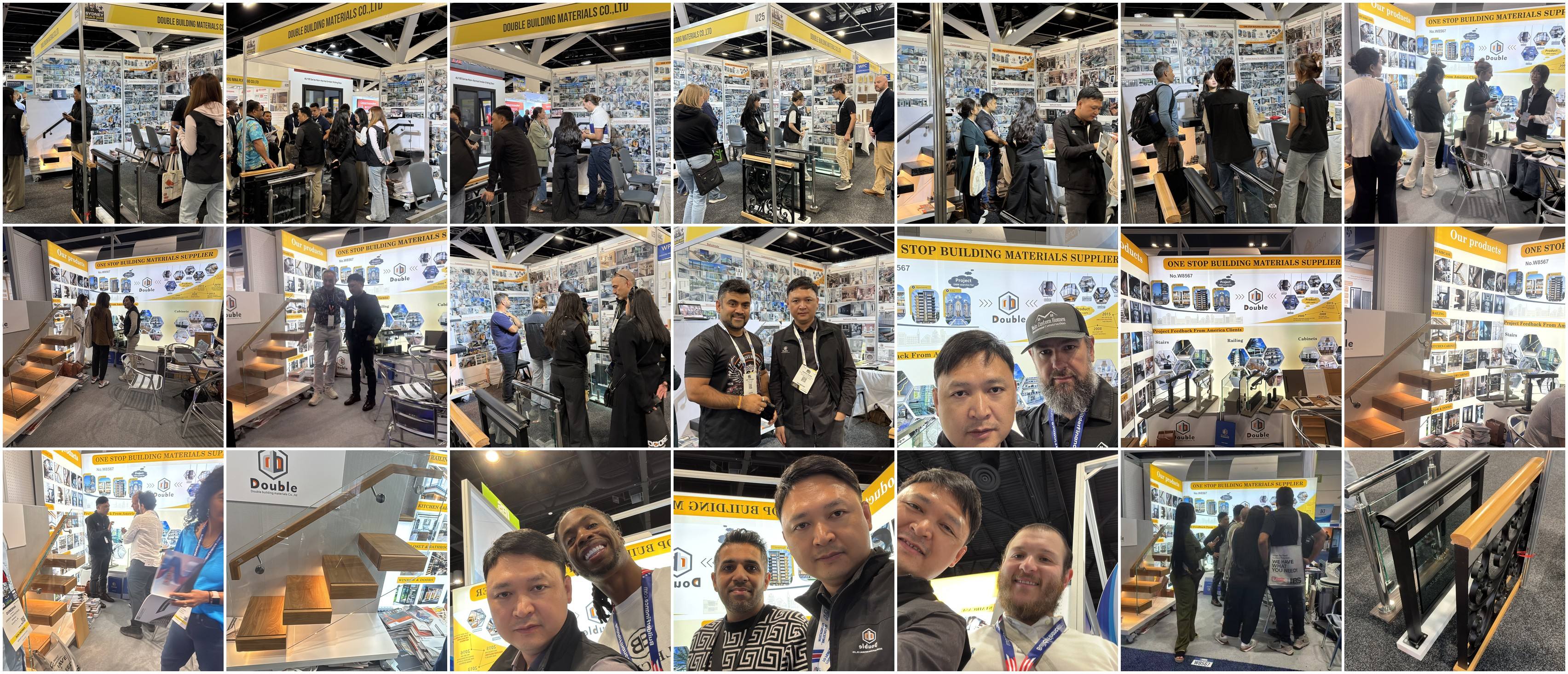 Trade-show collage of booth conversations with builders, plus stair and railing samples on the stand.